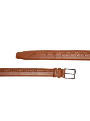 کمربند چرم عسلی طرح دار زبانه دار 