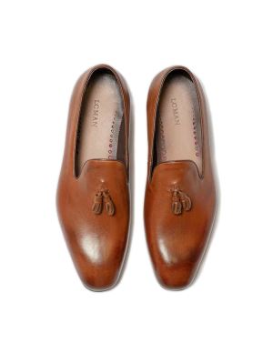 کفش چرم عسلی بدون بند منگوله دار 