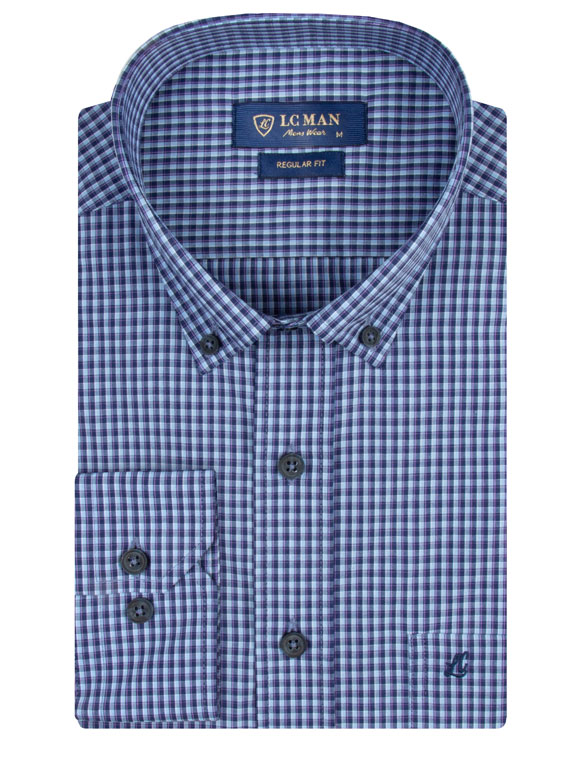 پیراهن چهارخانه ریز آبی آستین بلند  