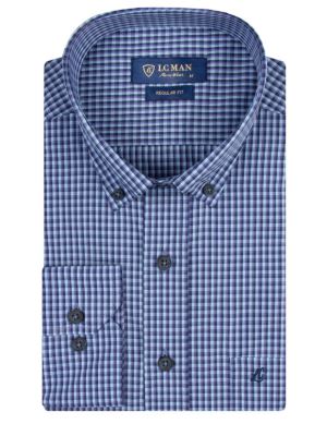 پیراهن چهارخانه ریز آبی آستین بلند  