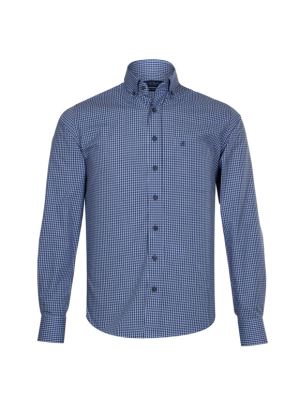 پیراهن چهارخانه ریز آبی آستین بلند  