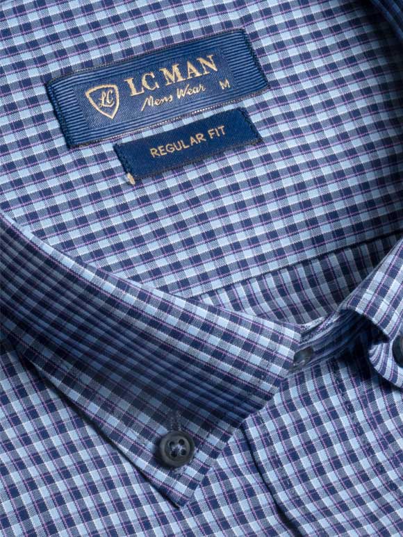 پیراهن چهارخانه ریز آبی آستین بلند  