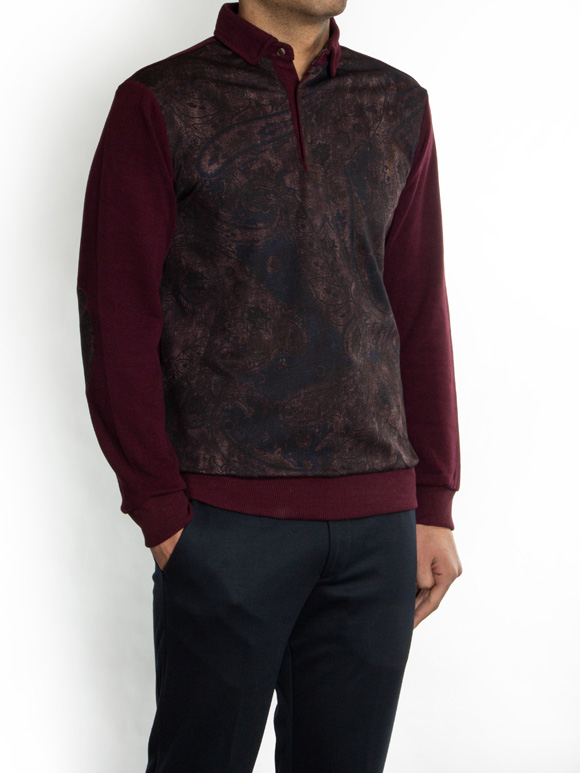 پلیور زرشکی سه دکمه سلانیک طرح دار