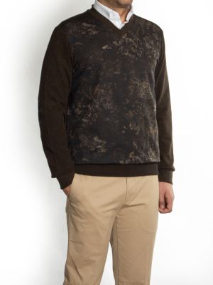 پلیور یقه هفت سلانیک قهوه ای طرح گل دار