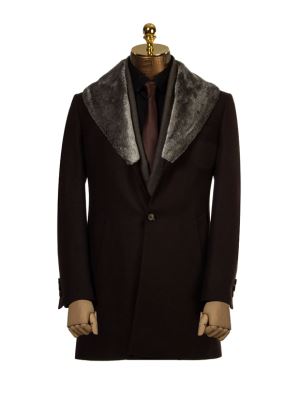 پالتو مردانه قهوه‌ای یقه خزدار ال سی من 209