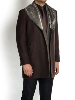 پالتو مردانه قهوه‌ای یقه خزدار ال سی من 209