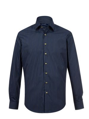 پیراهن مردانه سرمه ای تیره راه راه آستین بلند ال سی من 7