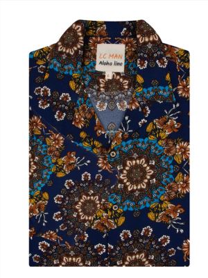 پیراهن آستین کوتاه سرمه ای یقه انگلیسی طرح دار