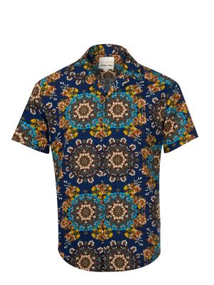 پیراهن آستین کوتاه سرمه ای یقه انگلیسی طرح دار