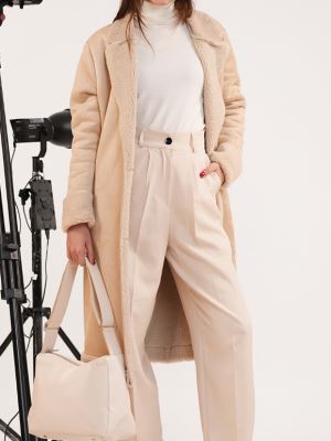 پالتو کرم مخمل یقه خزدار زنانه روما -1090