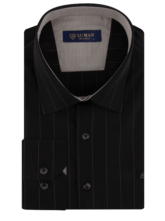 پیراهن مردانه مشکی راه راه آستین بلند ال سی من 072