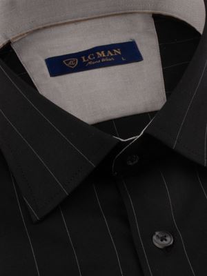 پیراهن مردانه مشکی راه راه آستین بلند ال سی من 072