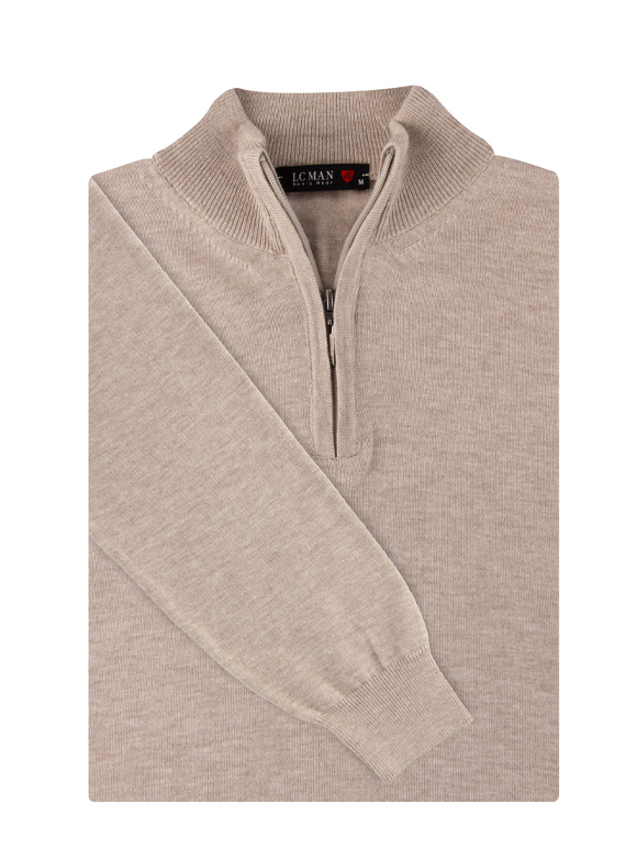 پلیور بافت مردانه کرم یقه نیم زیپ