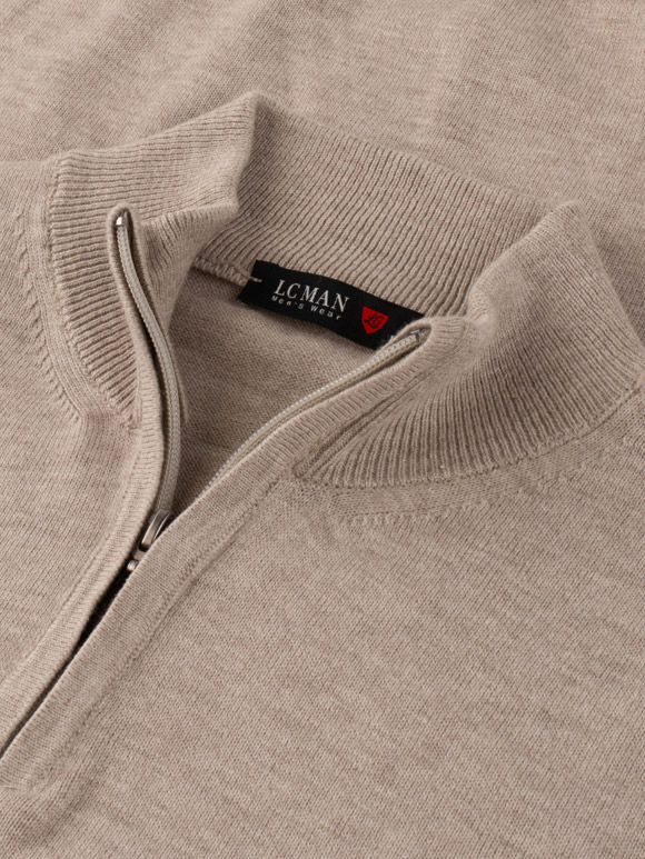 پلیور بافت مردانه کرم یقه نیم زیپ