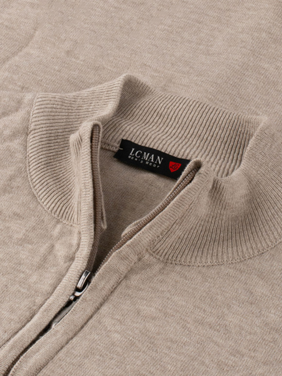 سویشرت مردانه کرم تمام زیپ طرح لوزی دوزی