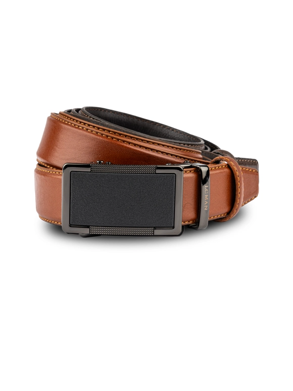کمربند چرم عسلی ریلی سگک دودی 
