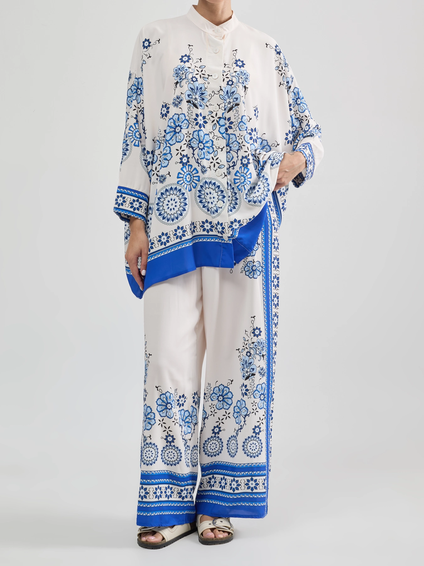 ست کیمونو شلوار حریر جلو دکمه شیری آبی