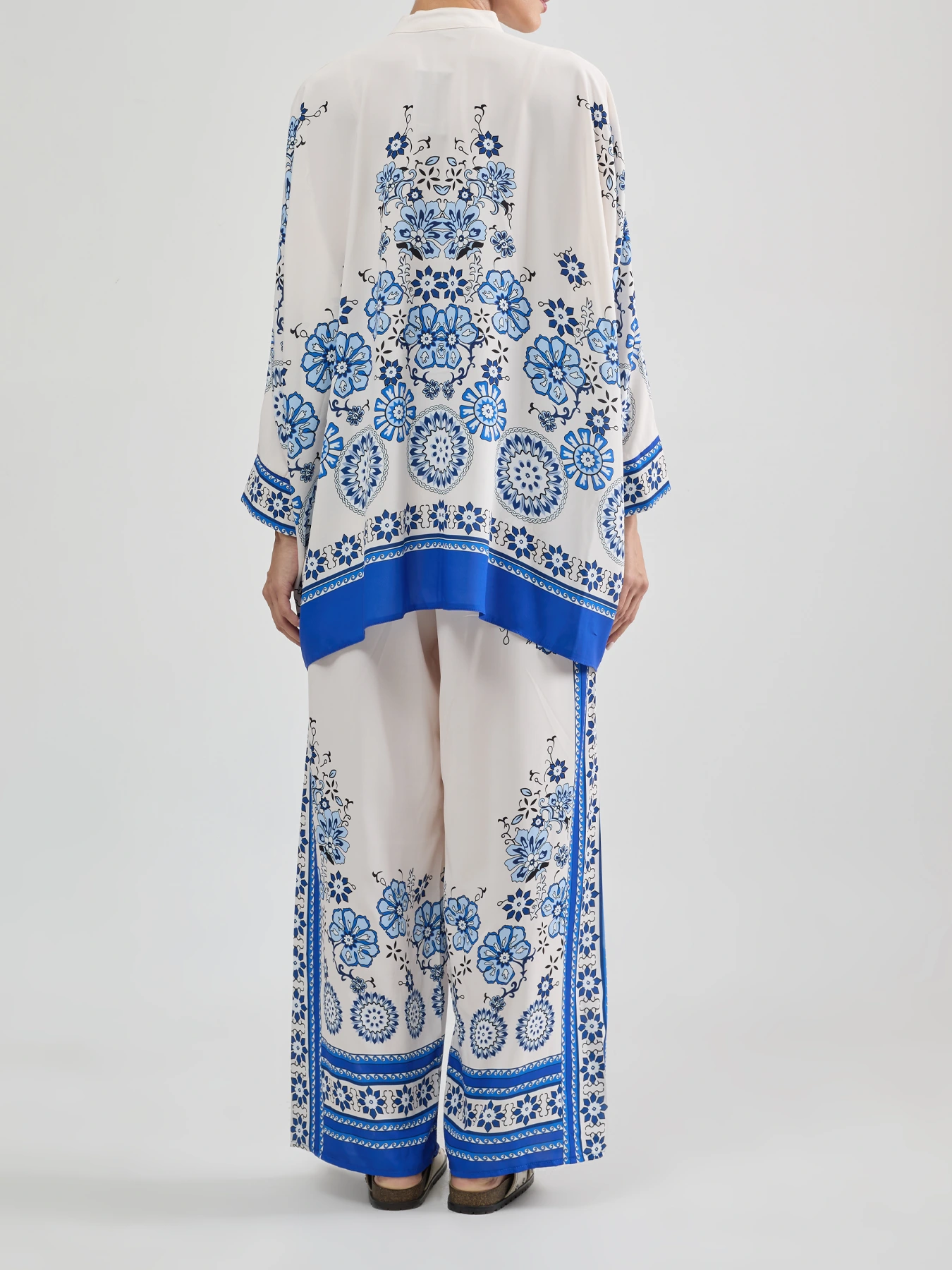 ست کیمونو شلوار حریر جلو دکمه شیری آبی