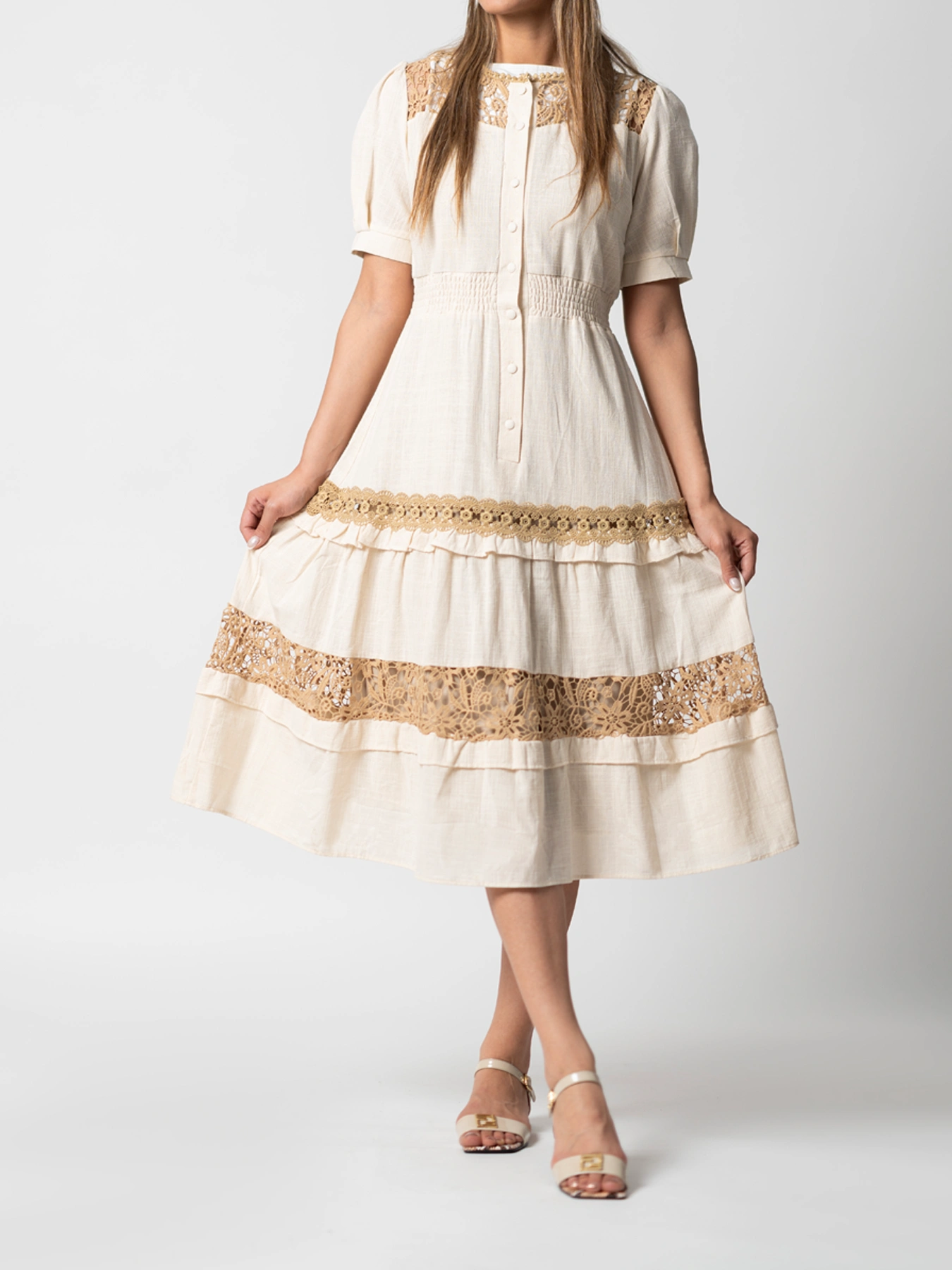 پیراهن بلند آستین کوتاه زنانه لینن یقه گرد 