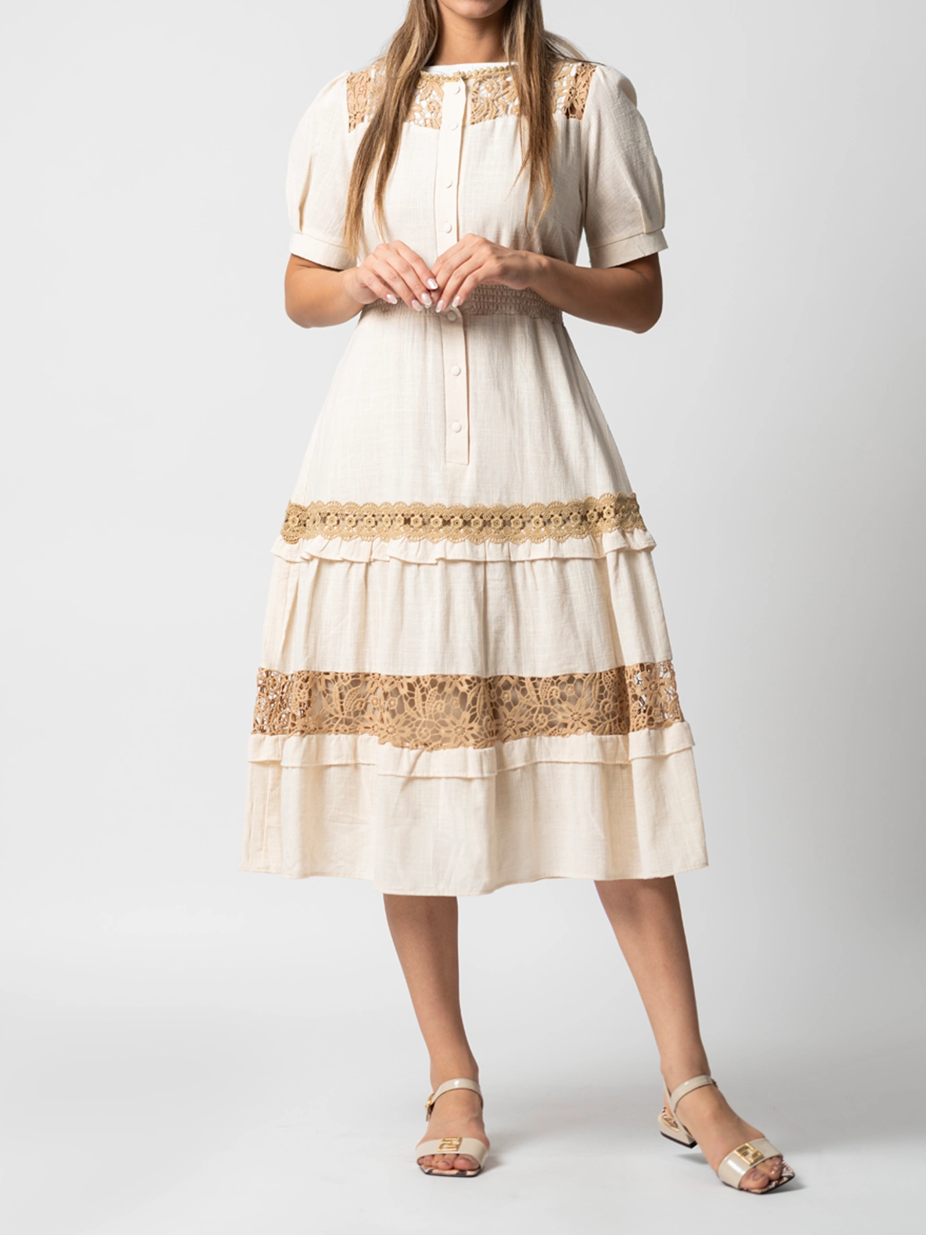 پیراهن بلند آستین کوتاه زنانه لینن یقه گرد 