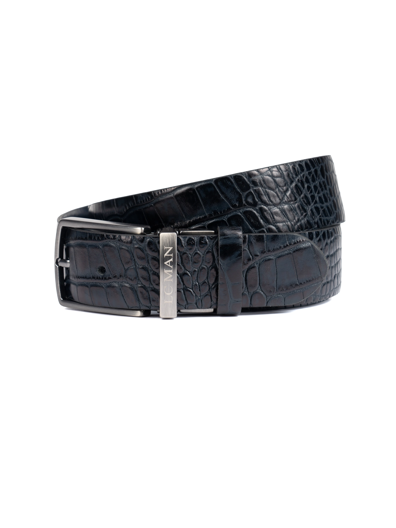 کمربند چرم سرمه ای زبانه دار دو رو سگک چرخشی 