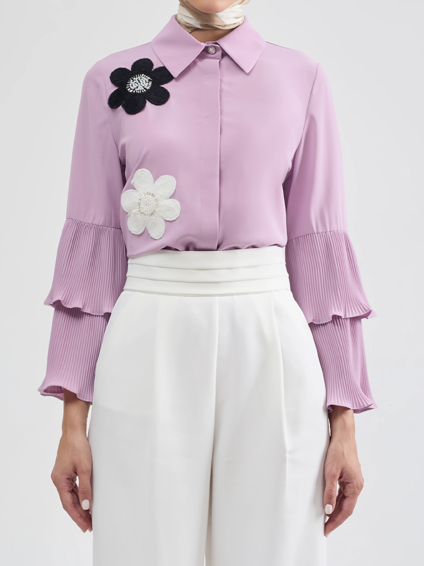 شومیز حریر یاسی یقه شکاری آستین دوتکه  