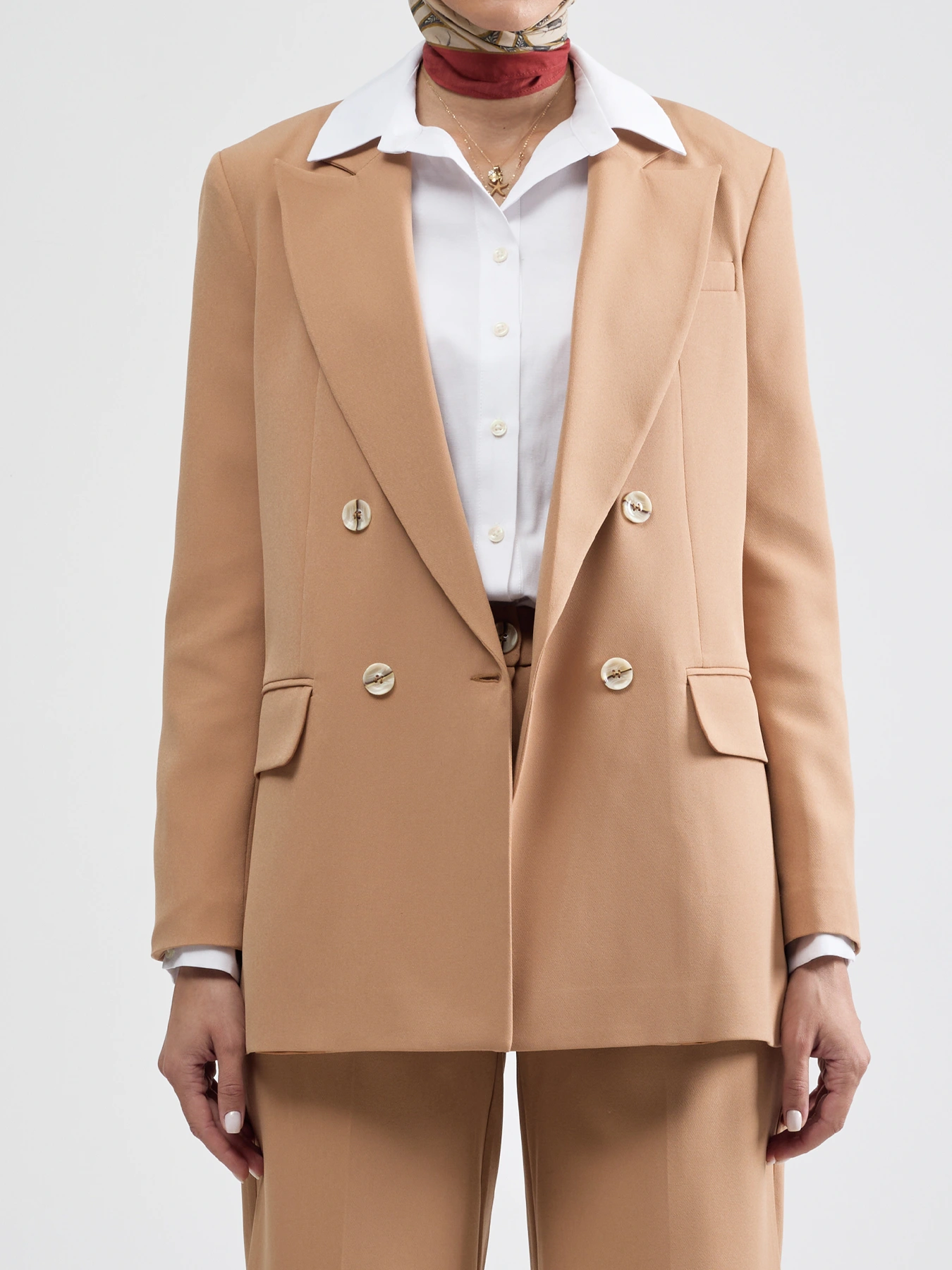 کت تک نسکافه ای زنانه یقه بلیزر دو جیب 