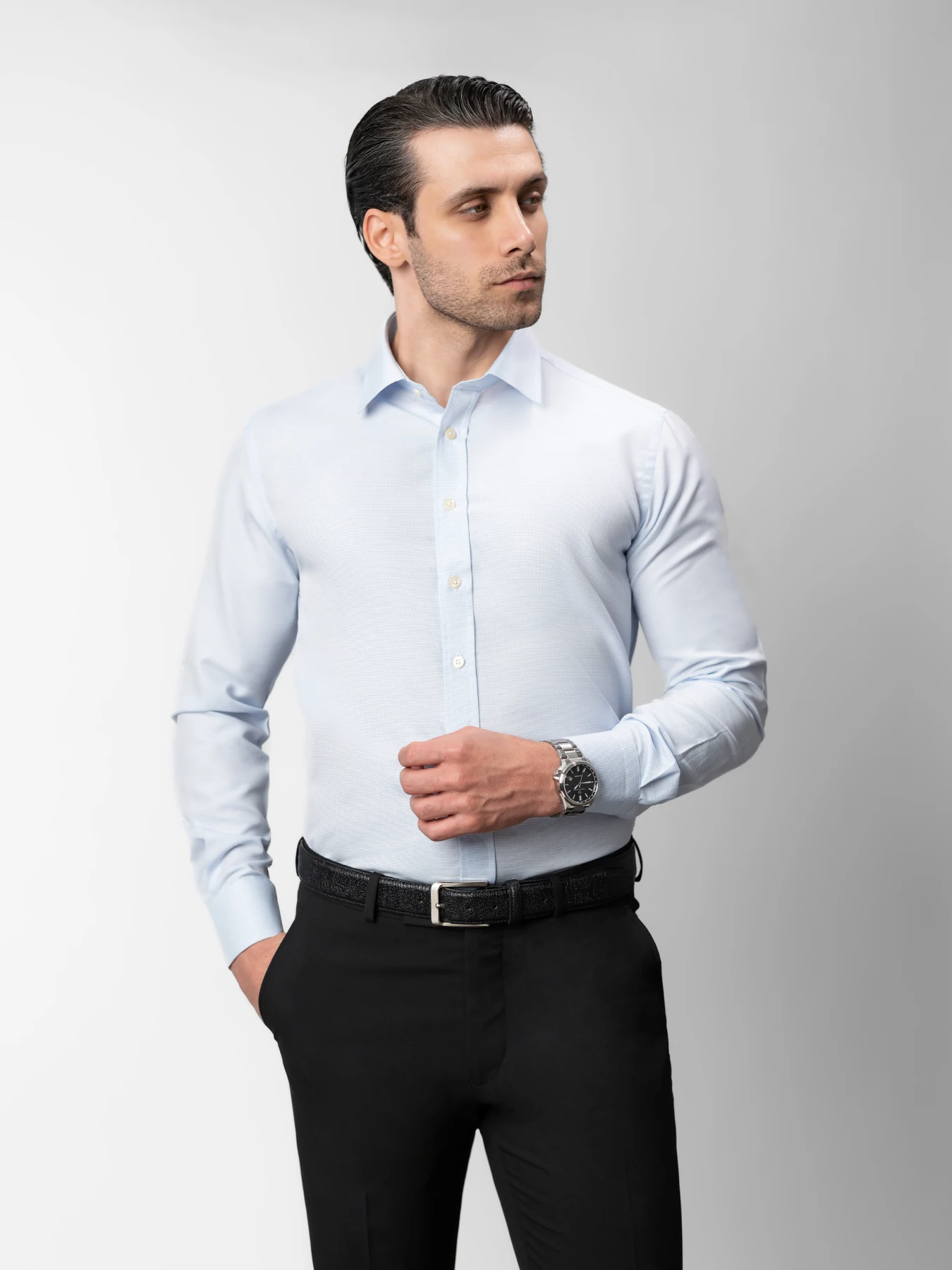 پیراهن چهارخانه ریز آبی روشن 7