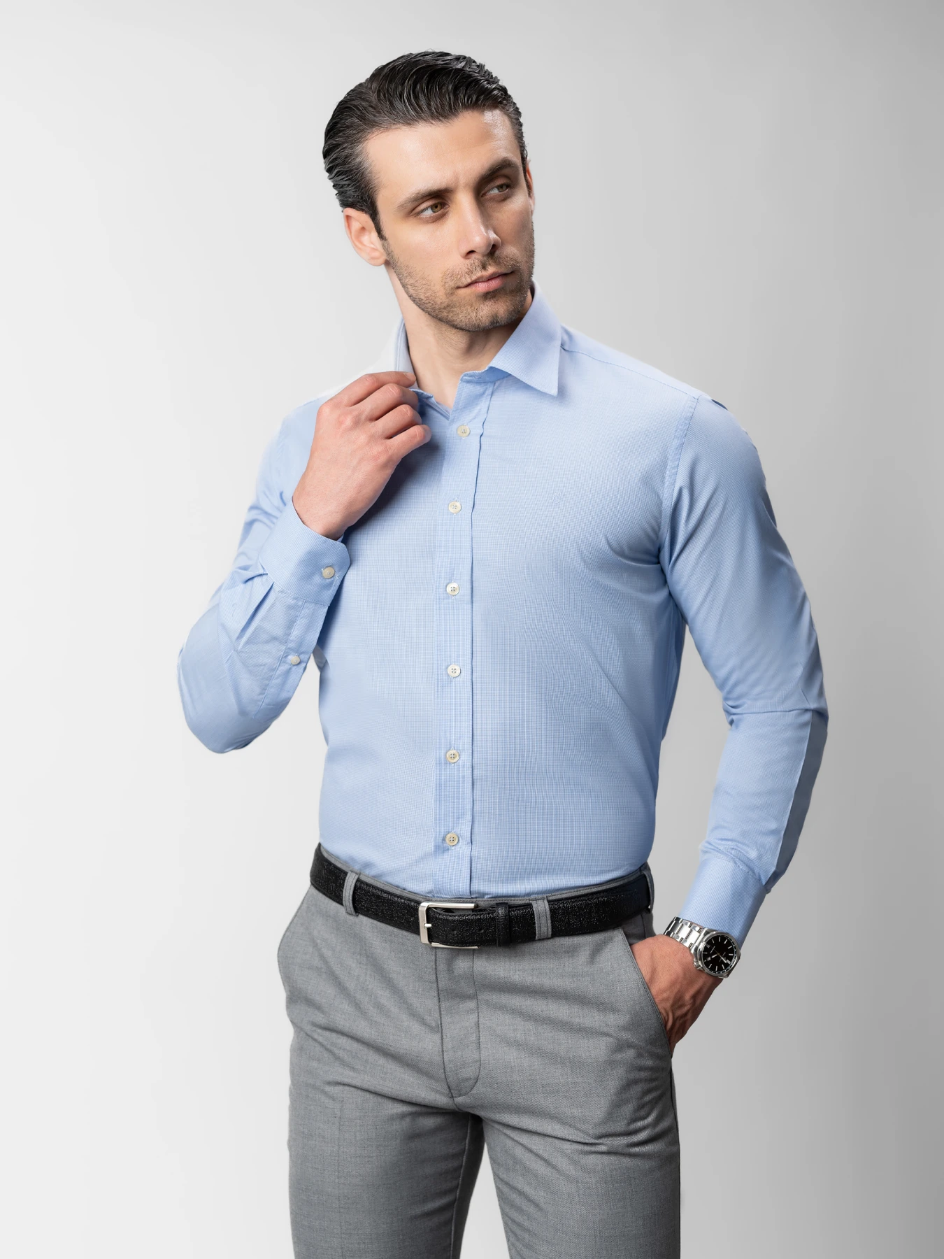 پیراهن آستین بلند آبی چهارخانه ریز 65