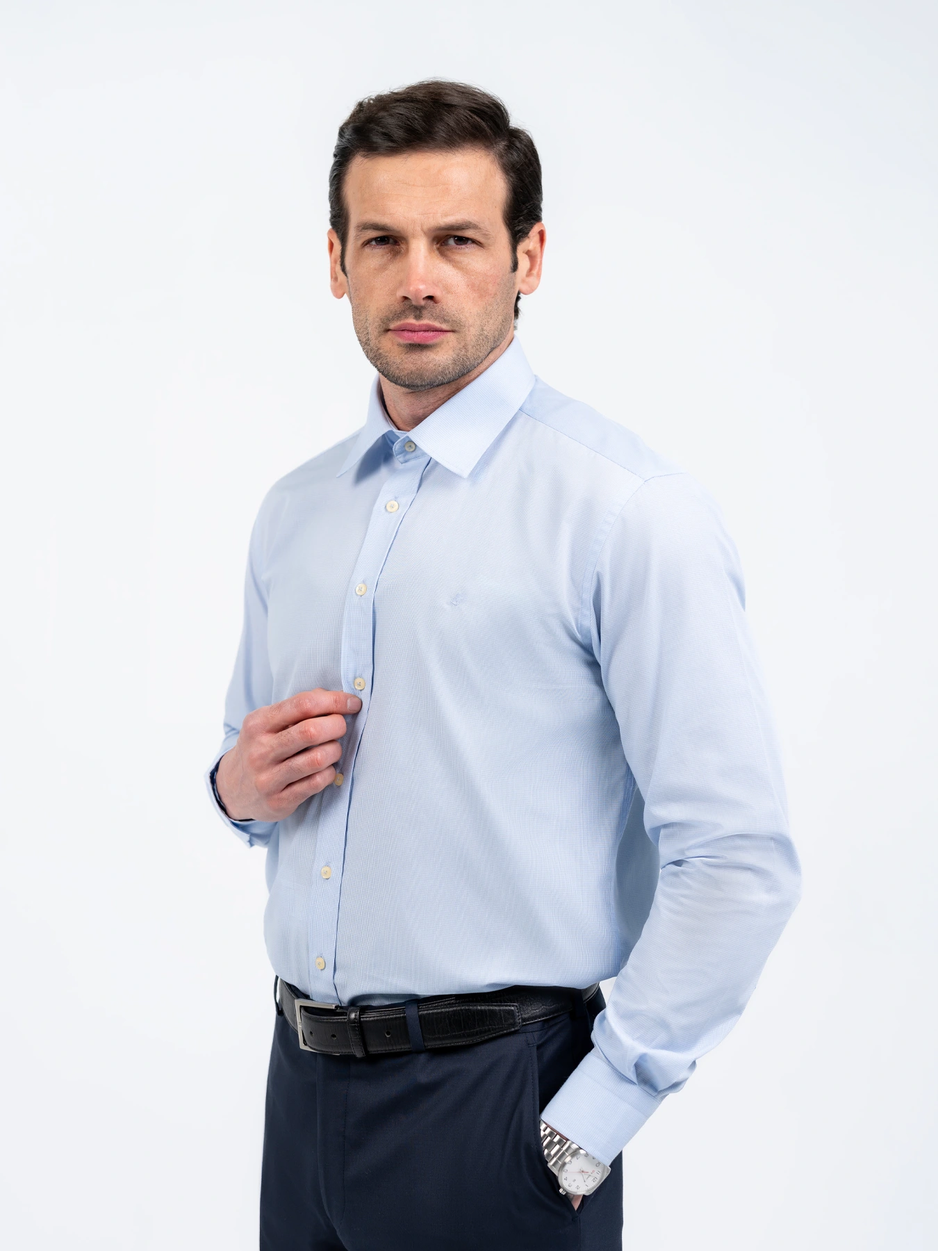 پیراهن آستین بلند آبی روشن چهارخونه ریز 78