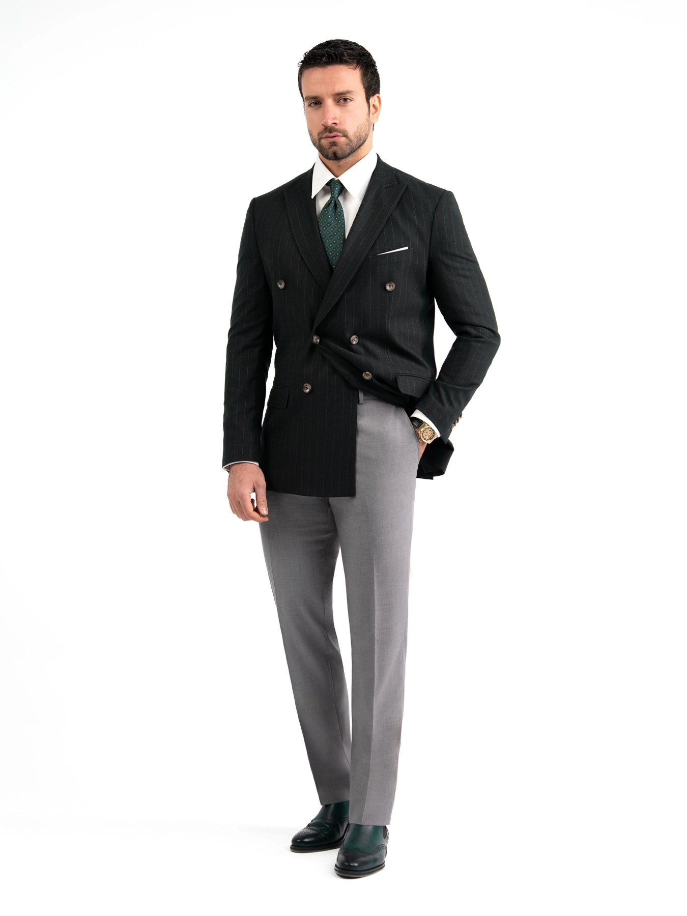 کت تک راه راه سبز تیره ال سی من 82