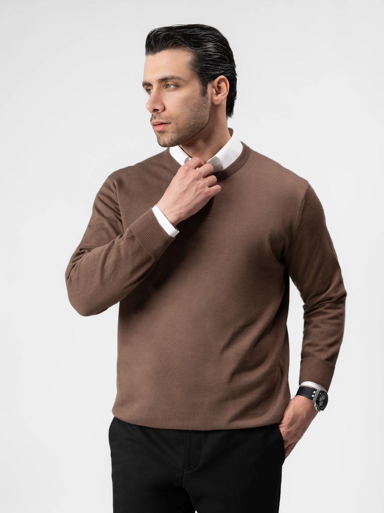 پلیور یقه گرد قهوه ای روشن 99