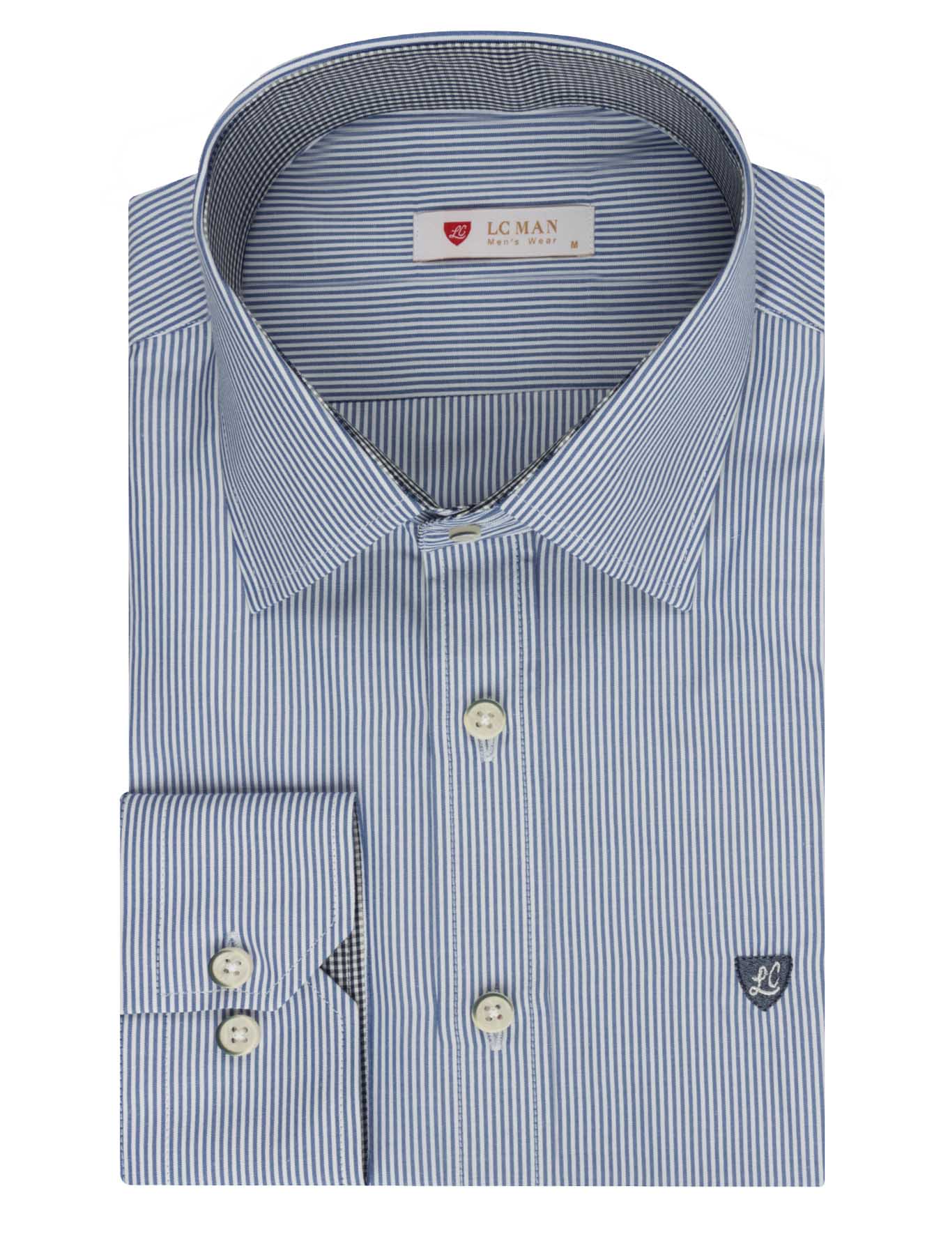 پیراهن آستین بلند آبی راه راه ریز ال سی من 66