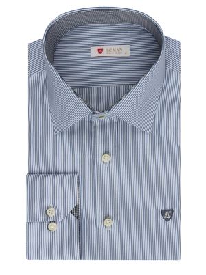 پیراهن آستین بلند آبی راه راه ریز ال سی من 66