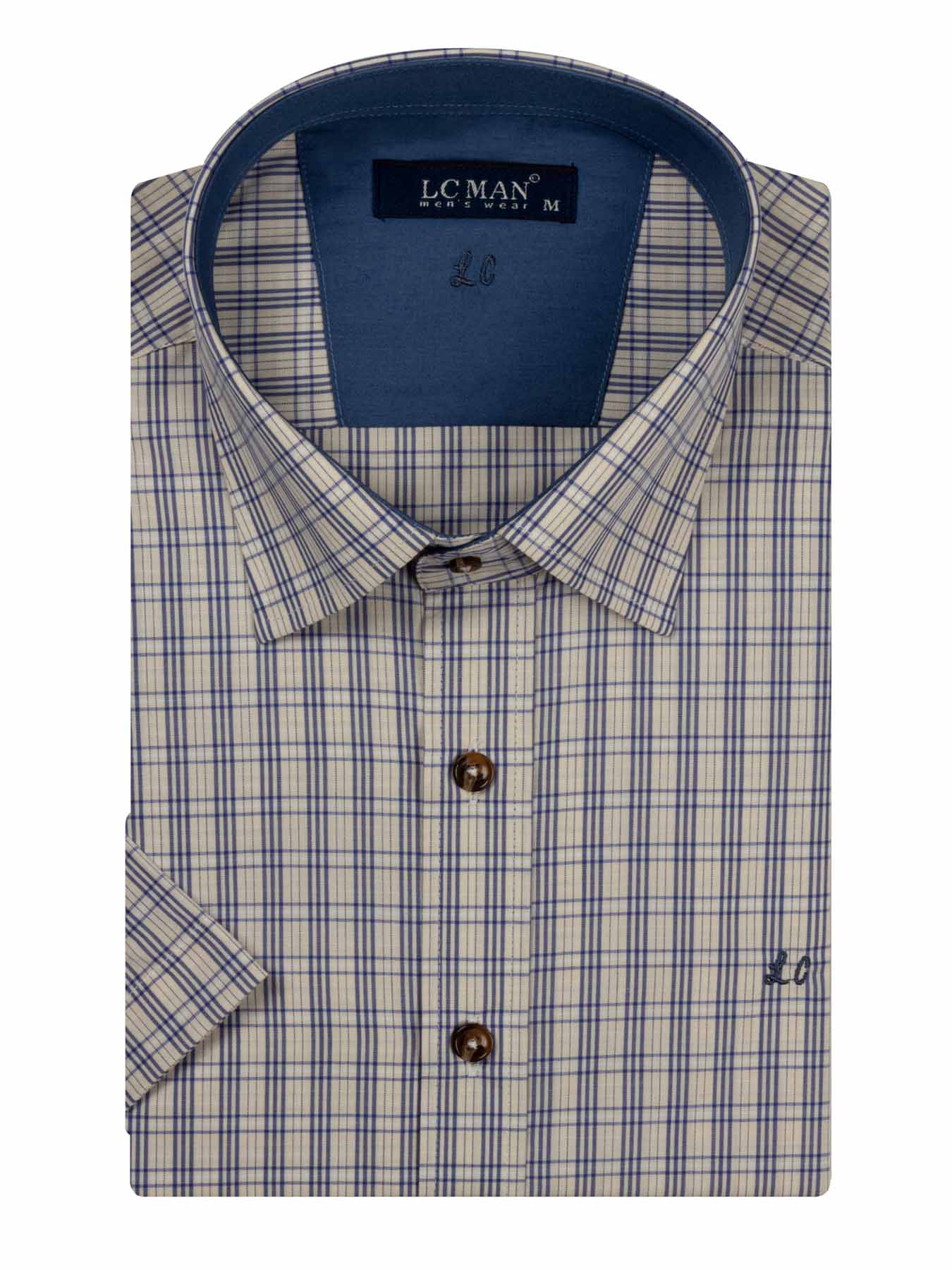 پیراهن آستین کوتاه چهارخانه کرم ال سی من 18