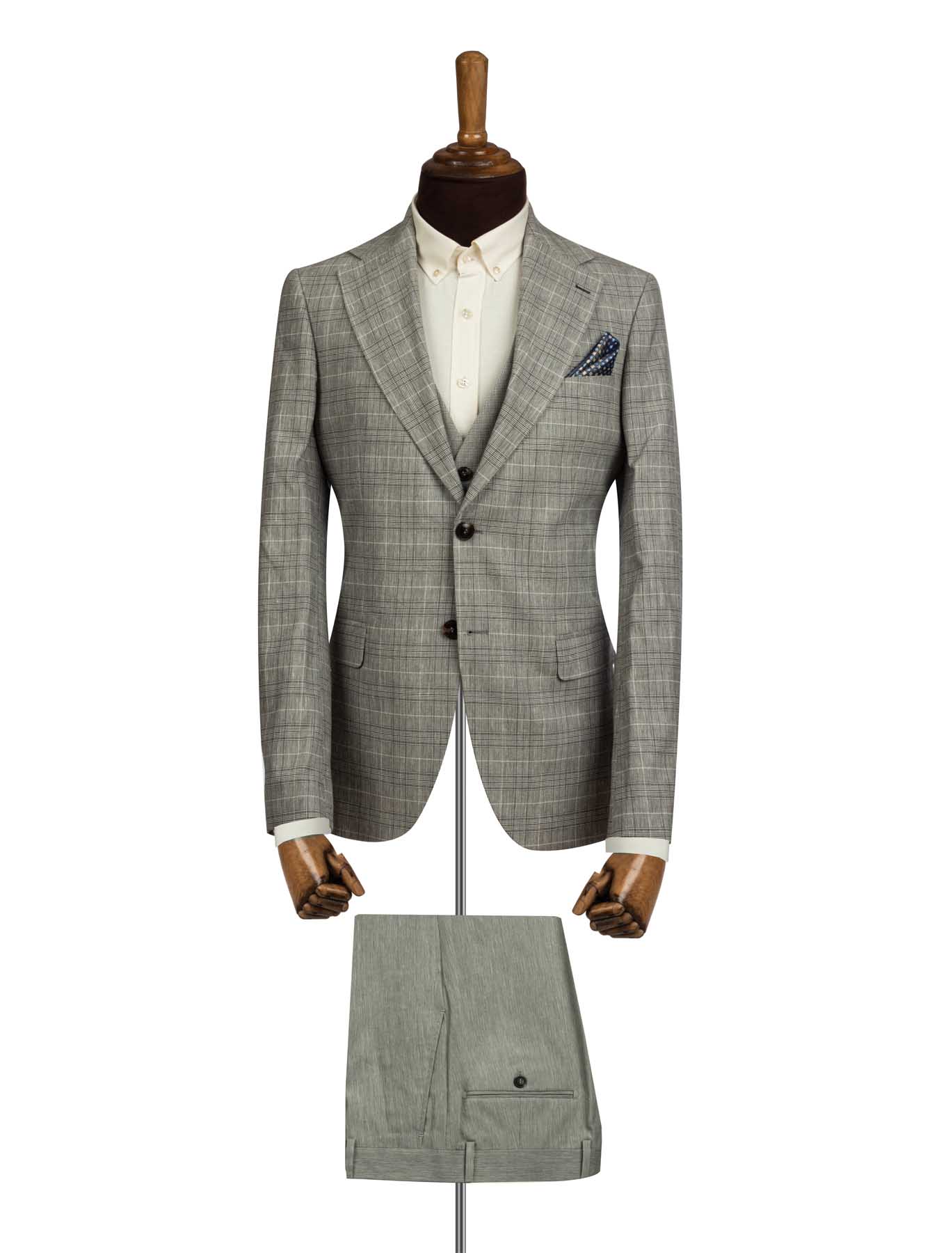 کت و شلوار و ژیله مردانه طوسی چهارخانه ال سی من 4