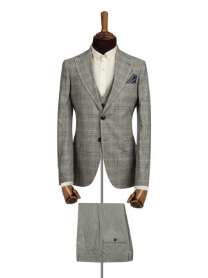 کت و شلوار و ژیله مردانه طوسی چهارخانه ال سی من 4