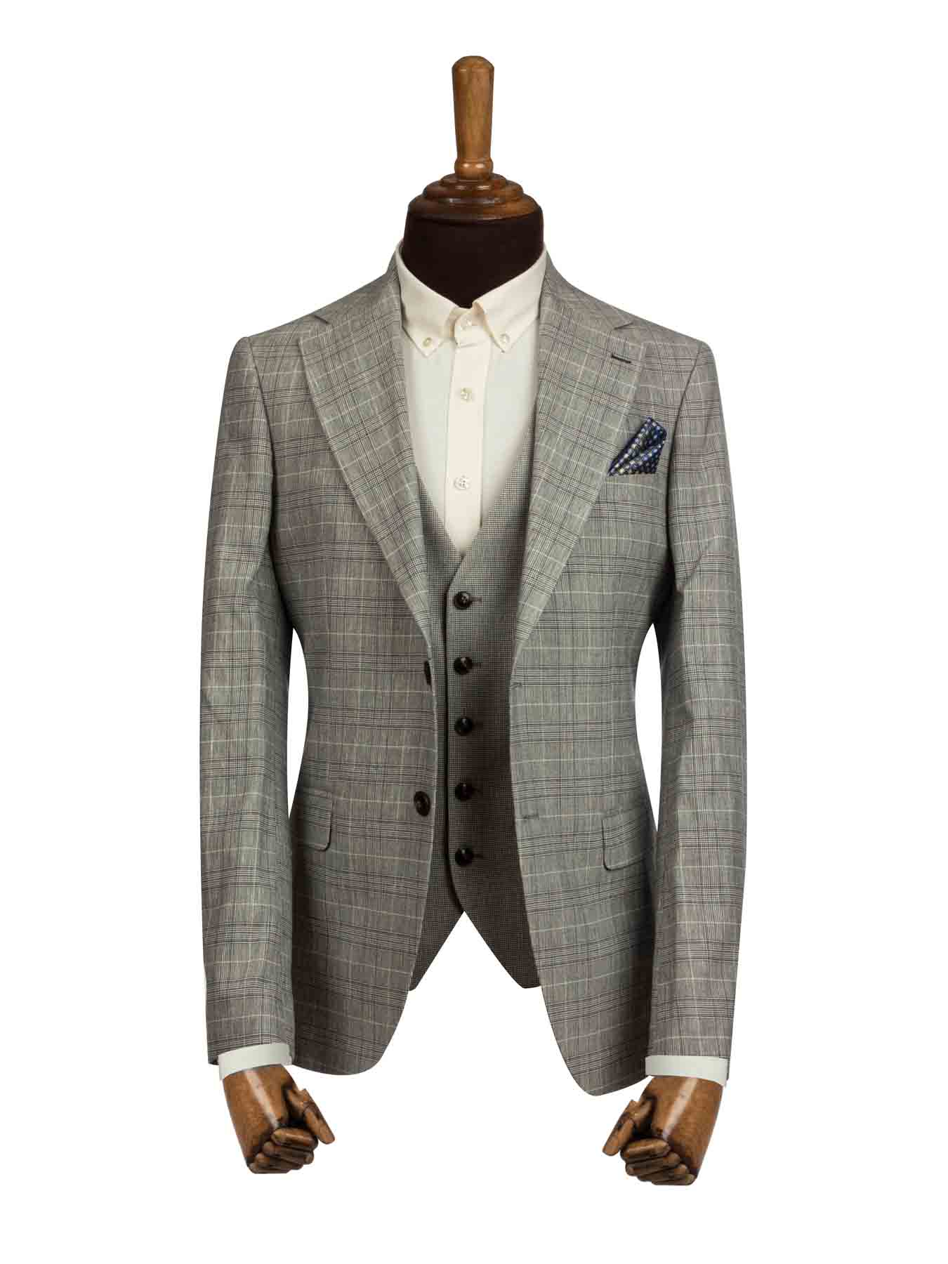 کت و شلوار و ژیله مردانه طوسی چهارخانه ال سی من 4