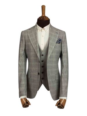 کت و شلوار و ژیله مردانه طوسی چهارخانه ال سی من 4